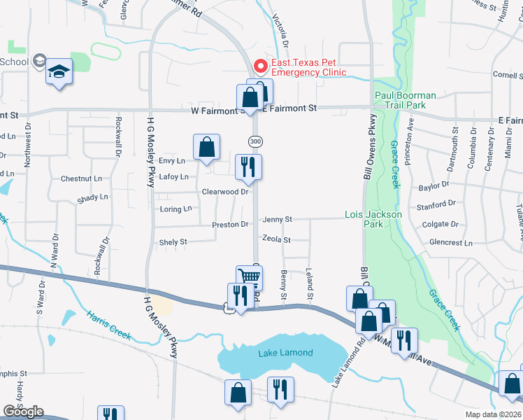map of restaurants, bars, coffee shops, grocery stores, and more near 400 Gilmer Road in Longview
