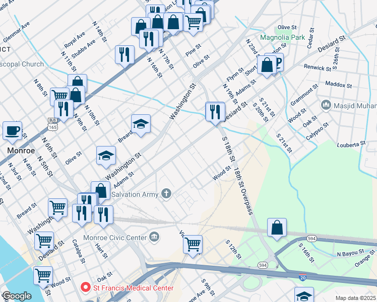map of restaurants, bars, coffee shops, grocery stores, and more near 101 Bernice Drive in Monroe