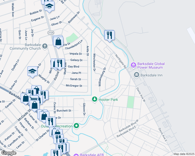 map of restaurants, bars, coffee shops, grocery stores, and more near 3304 Williamsburg Drive in Bossier City