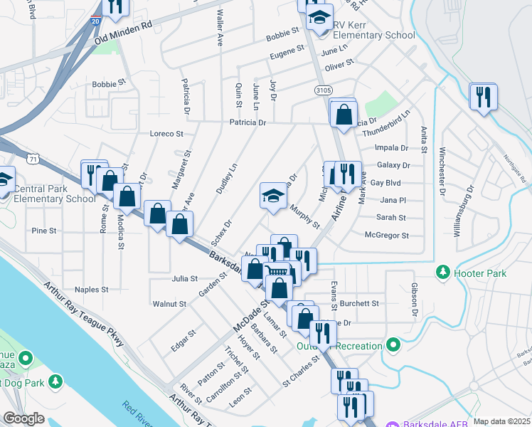 map of restaurants, bars, coffee shops, grocery stores, and more near 1130 Patricia Drive in Bossier City
