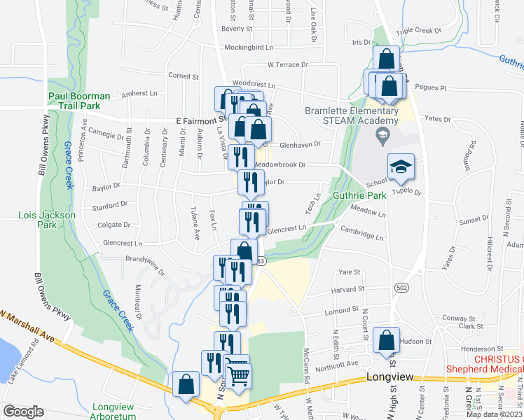 map of restaurants, bars, coffee shops, grocery stores, and more near 1200 McCann Road in Longview