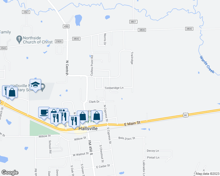 map of restaurants, bars, coffee shops, grocery stores, and more near 414 Woodridge Drive in Hallsville