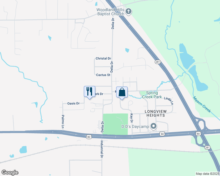 map of restaurants, bars, coffee shops, grocery stores, and more near 100 Heights Park Drive in Longview
