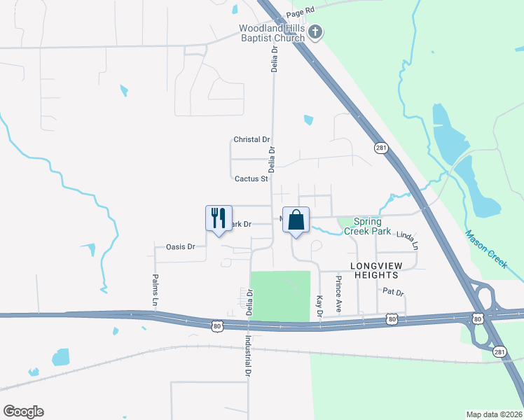 map of restaurants, bars, coffee shops, grocery stores, and more near 100 Heights Park Drive in Longview