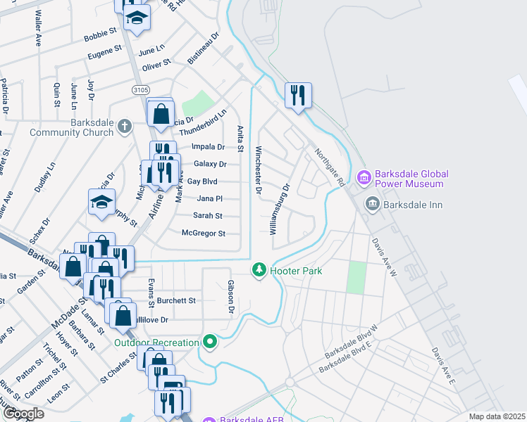 map of restaurants, bars, coffee shops, grocery stores, and more near 3304 Williamsburg Drive in Bossier City