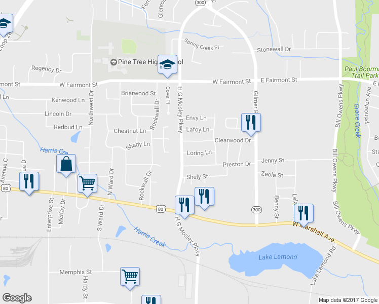 map of restaurants, bars, coffee shops, grocery stores, and more near 1725 Loring Lane in Longview