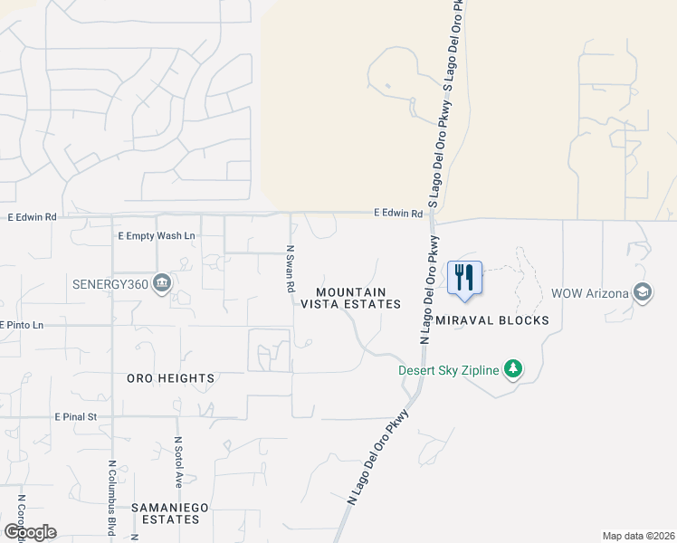map of restaurants, bars, coffee shops, grocery stores, and more near 16642 North Windmill Place in Tucson