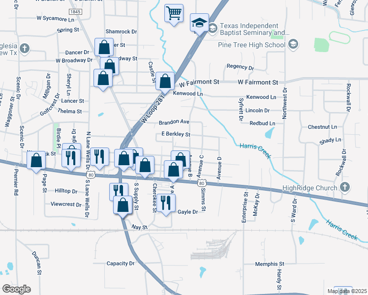map of restaurants, bars, coffee shops, grocery stores, and more near 214 Commerce Street in Longview