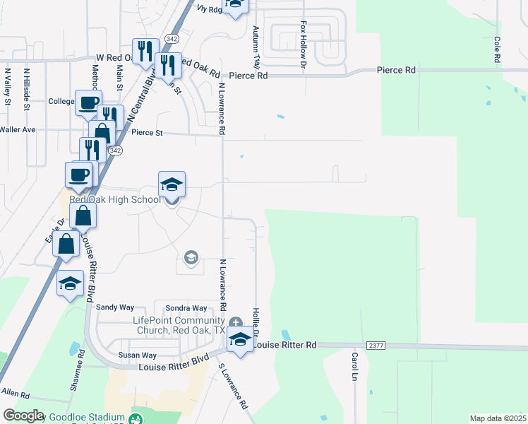 map of restaurants, bars, coffee shops, grocery stores, and more near 130 Hollie Drive in Red Oak