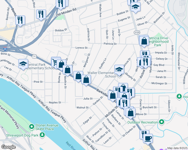 map of restaurants, bars, coffee shops, grocery stores, and more near 1133 Dudley Lane in Bossier City