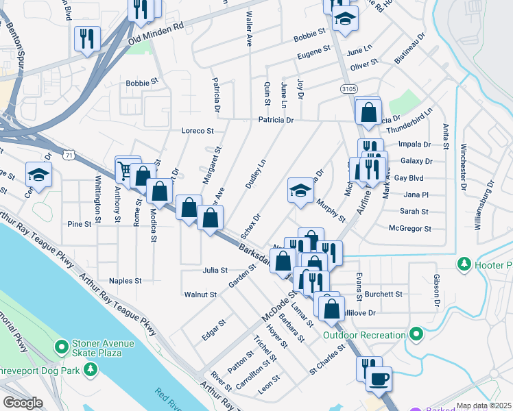 map of restaurants, bars, coffee shops, grocery stores, and more near 1141 Schex Drive in Bossier City