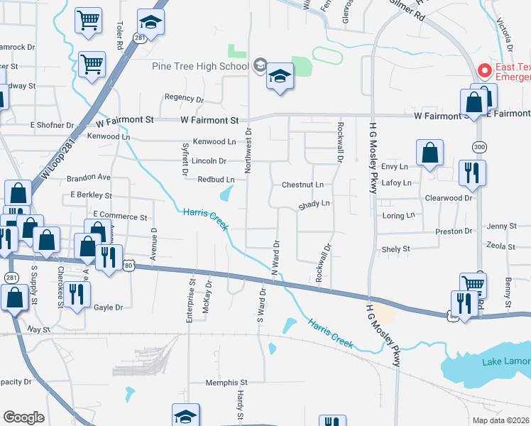 map of restaurants, bars, coffee shops, grocery stores, and more near 28 Rambling Road in Longview