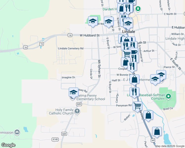 map of restaurants, bars, coffee shops, grocery stores, and more near 701 Mount Sylvan Street in Lindale
