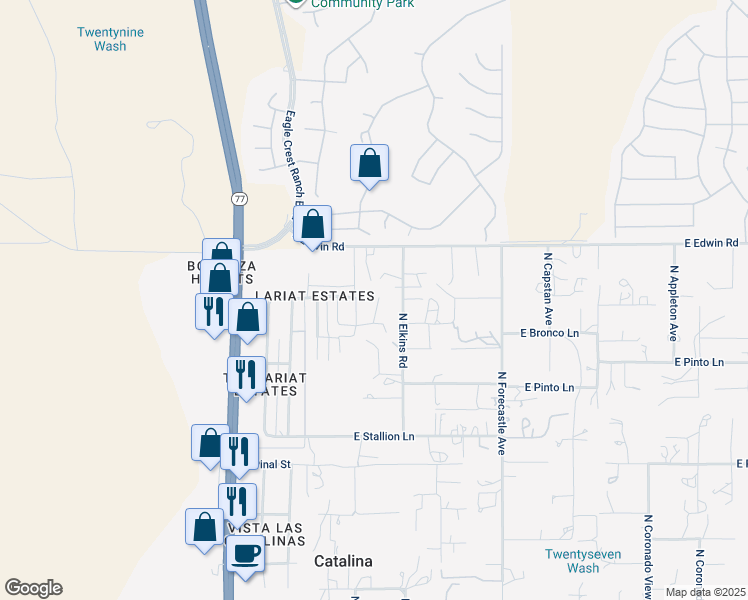 map of restaurants, bars, coffee shops, grocery stores, and more near 16694 North Vernon Drive in Tucson