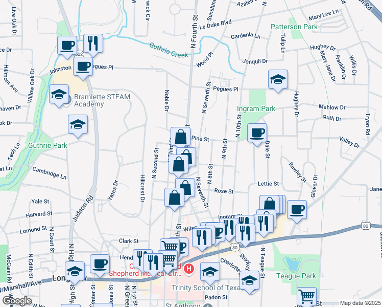 map of restaurants, bars, coffee shops, grocery stores, and more near 1109 North 4th Street in Longview
