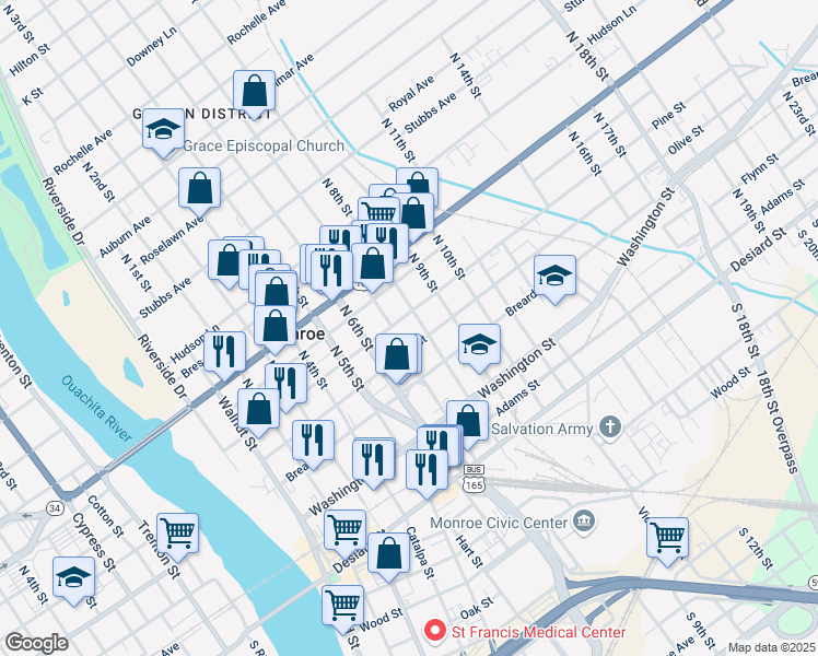 map of restaurants, bars, coffee shops, grocery stores, and more near 601 Breard Street in Monroe