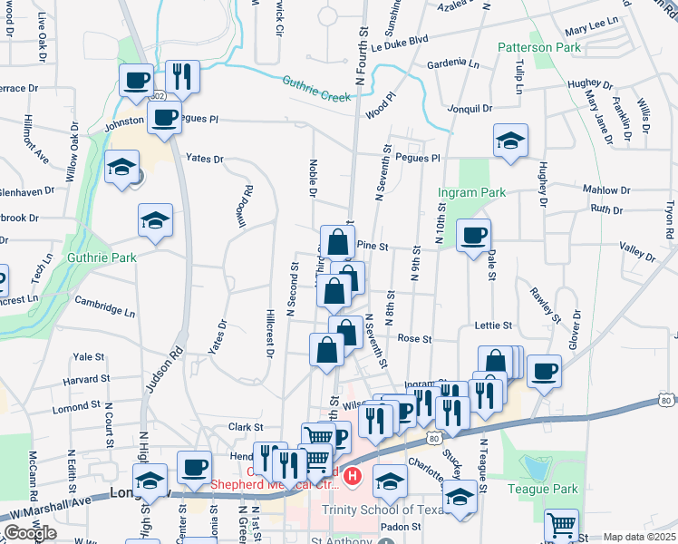 map of restaurants, bars, coffee shops, grocery stores, and more near 1109 Fourth Street in Longview