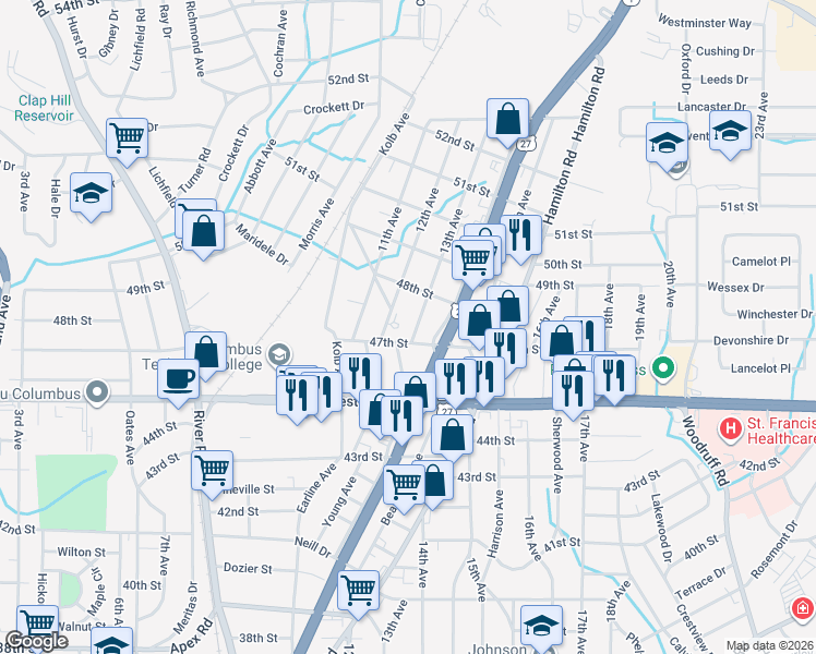 map of restaurants, bars, coffee shops, grocery stores, and more near 4715 13th Avenue in Columbus
