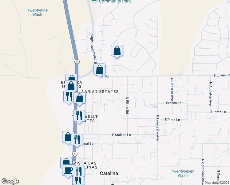 map of restaurants, bars, coffee shops, grocery stores, and more near 16694 North Vernon Drive in Tucson