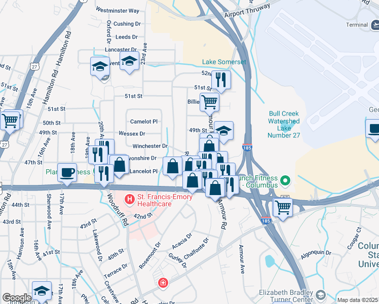 map of restaurants, bars, coffee shops, grocery stores, and more near 4702 Rosemont Drive in Columbus