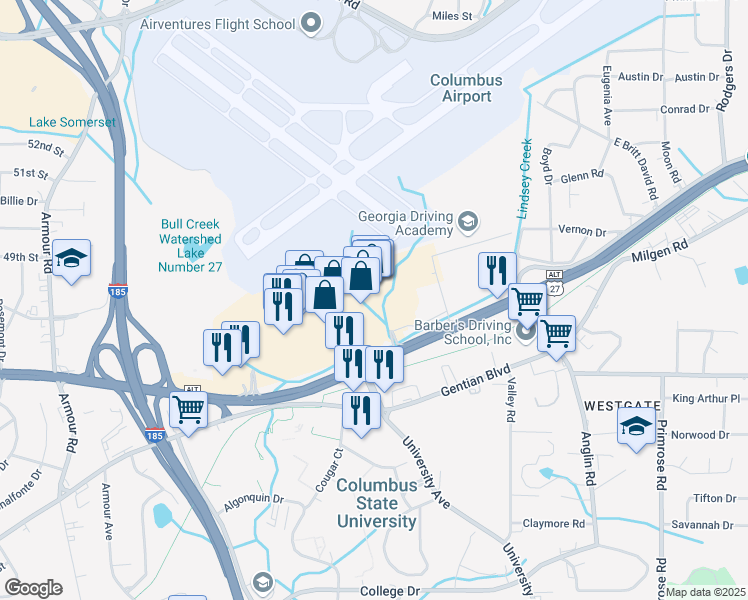 map of restaurants, bars, coffee shops, grocery stores, and more near 3507 Manchester Expressway in Columbus