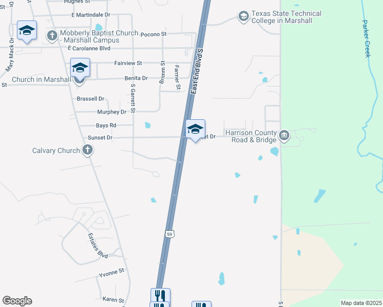 map of restaurants, bars, coffee shops, grocery stores, and more near 3800 East End Boulevard South in Marshall