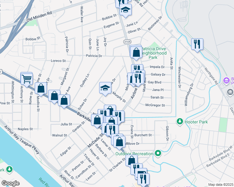 map of restaurants, bars, coffee shops, grocery stores, and more near 1300 Shamrock Street in Bossier City