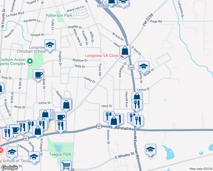 map of restaurants, bars, coffee shops, grocery stores, and more near 700 Louisiana Street in Longview