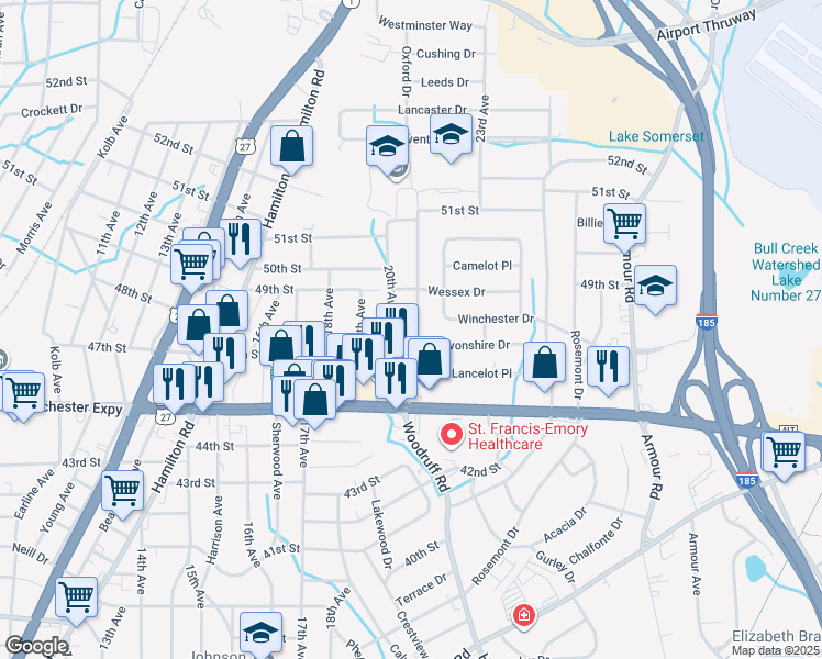 map of restaurants, bars, coffee shops, grocery stores, and more near 4717 Woodruff Road in Columbus