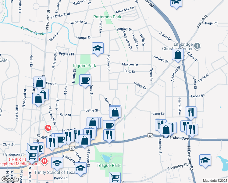 map of restaurants, bars, coffee shops, grocery stores, and more near 1201 Hughey Drive in Longview