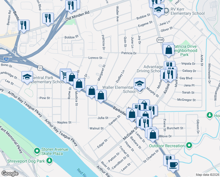 map of restaurants, bars, coffee shops, grocery stores, and more near 1133 Dudley Lane in Bossier City