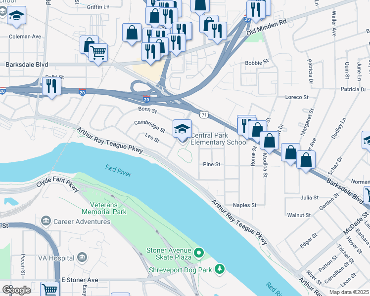 map of restaurants, bars, coffee shops, grocery stores, and more near 900 Central Park Drive in Bossier City
