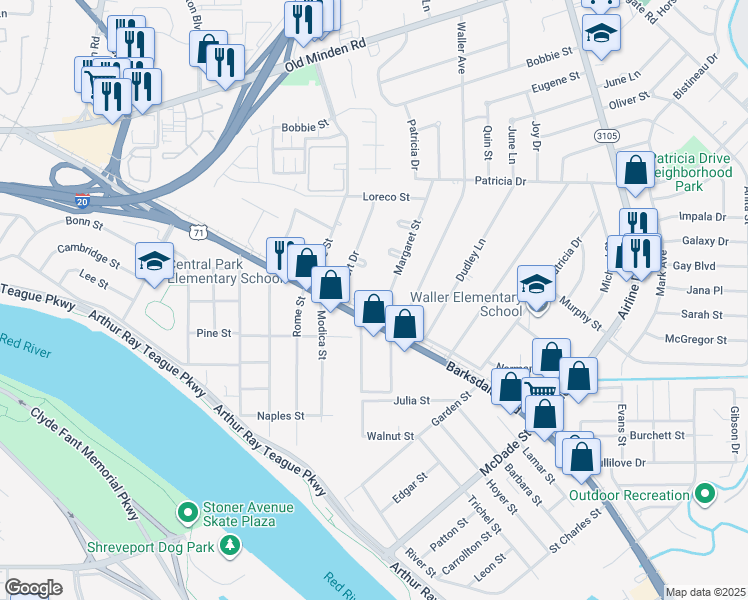map of restaurants, bars, coffee shops, grocery stores, and more near 2307 Foster Street in Bossier City