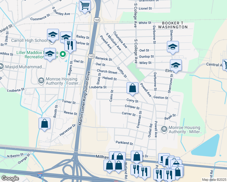 map of restaurants, bars, coffee shops, grocery stores, and more near 3601 Johnson St in Monroe