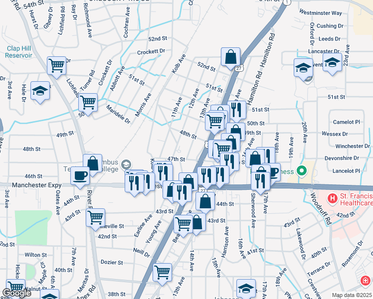 map of restaurants, bars, coffee shops, grocery stores, and more near 4719 13th Avenue in Columbus