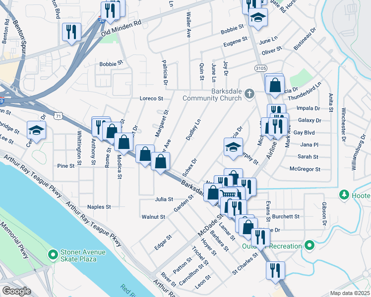 map of restaurants, bars, coffee shops, grocery stores, and more near 1141 Schex Drive in Bossier City