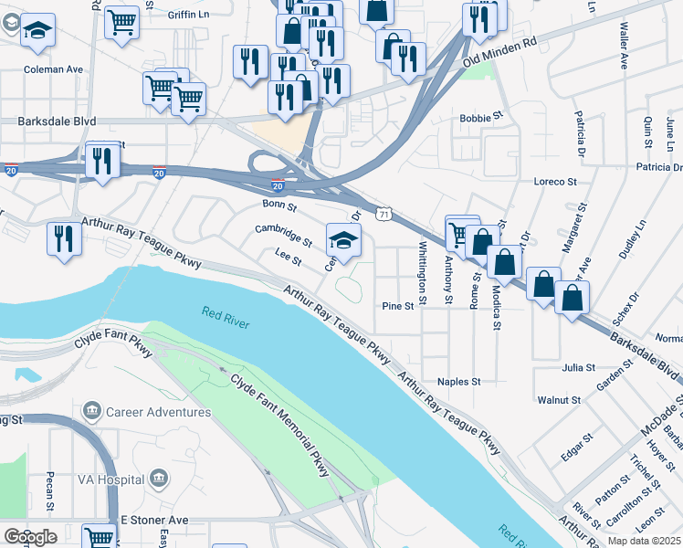 map of restaurants, bars, coffee shops, grocery stores, and more near 900 Central Park Drive in Bossier City
