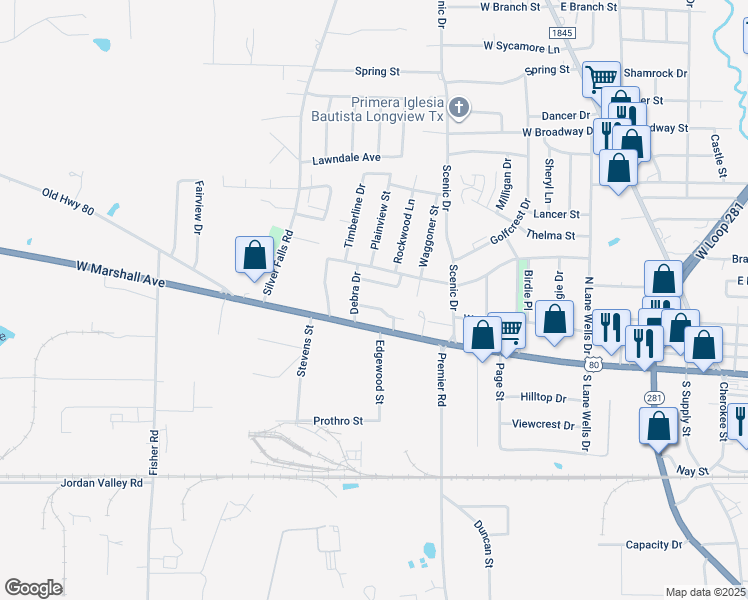 map of restaurants, bars, coffee shops, grocery stores, and more near 1107 Cupit Drive in Longview