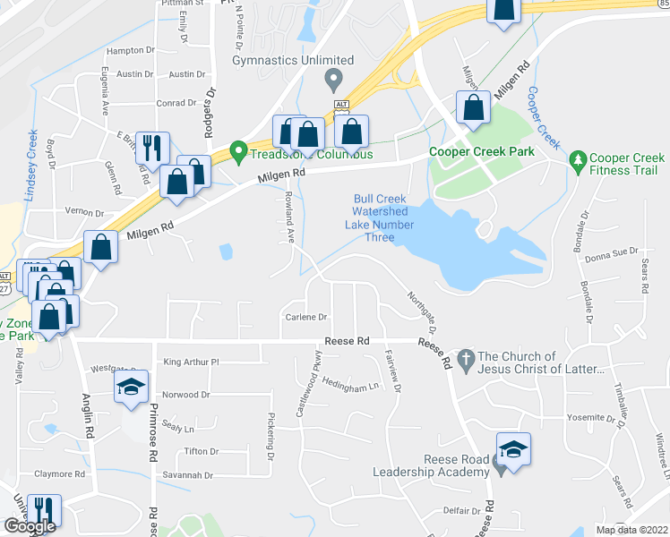 map of restaurants, bars, coffee shops, grocery stores, and more near 4729 Northgate Drive in Columbus