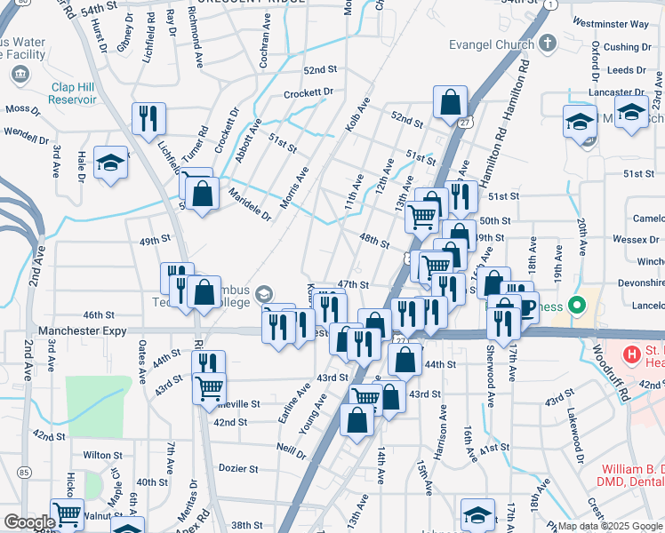 map of restaurants, bars, coffee shops, grocery stores, and more near 4731 11th Avenue in Columbus