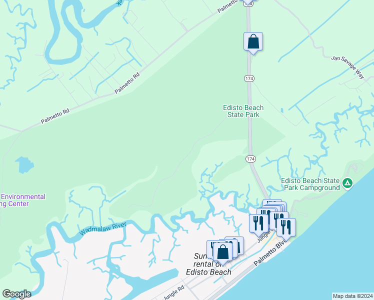 map of restaurants, bars, coffee shops, grocery stores, and more near State Cabin Road in Edisto Island