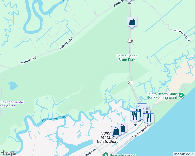 map of restaurants, bars, coffee shops, grocery stores, and more near State Cabin Road in Edisto Island