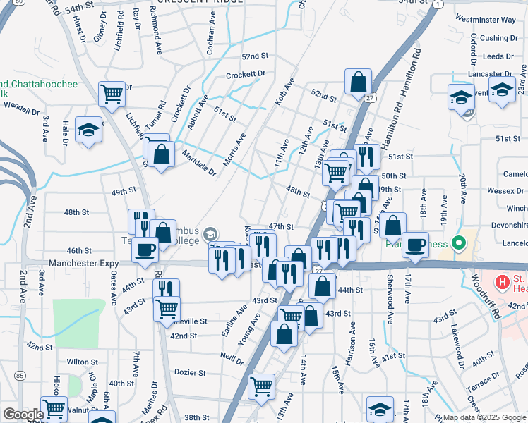 map of restaurants, bars, coffee shops, grocery stores, and more near 4712 11th Avenue in Columbus