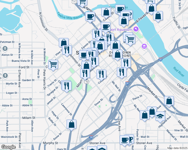map of restaurants, bars, coffee shops, grocery stores, and more near in Shreveport