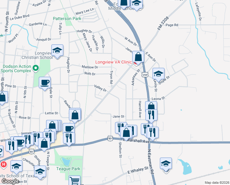 map of restaurants, bars, coffee shops, grocery stores, and more near 700 Louisiana Street in Longview
