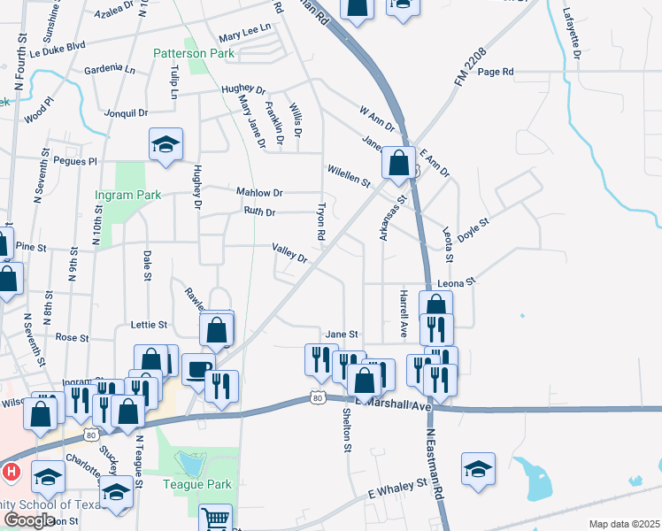 map of restaurants, bars, coffee shops, grocery stores, and more near 700 Louisiana Street in Longview