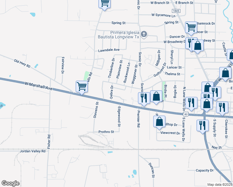 map of restaurants, bars, coffee shops, grocery stores, and more near 1107 Cupit Drive in Longview