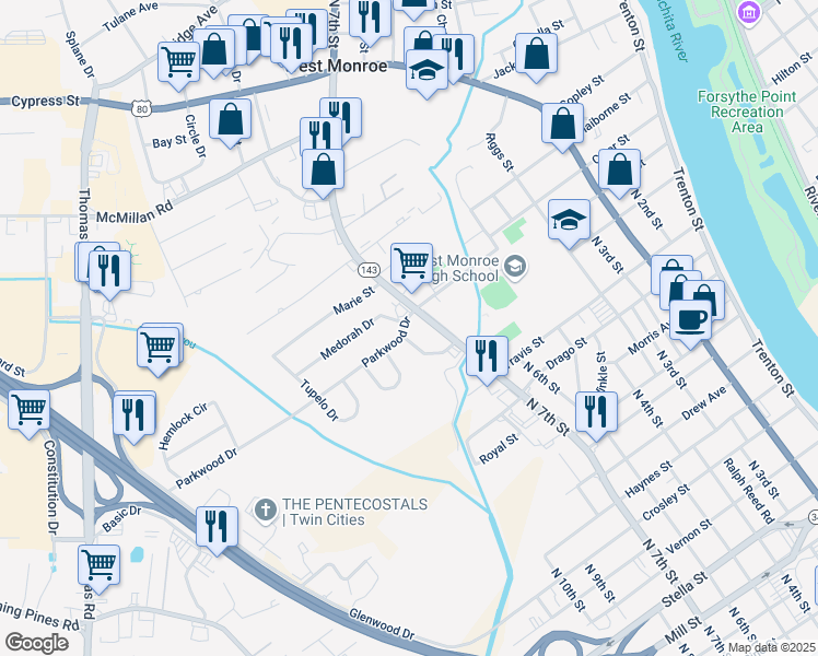 map of restaurants, bars, coffee shops, grocery stores, and more near 103 Parkwood Drive in West Monroe