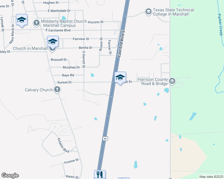 map of restaurants, bars, coffee shops, grocery stores, and more near 3800 East End Boulevard South in Marshall