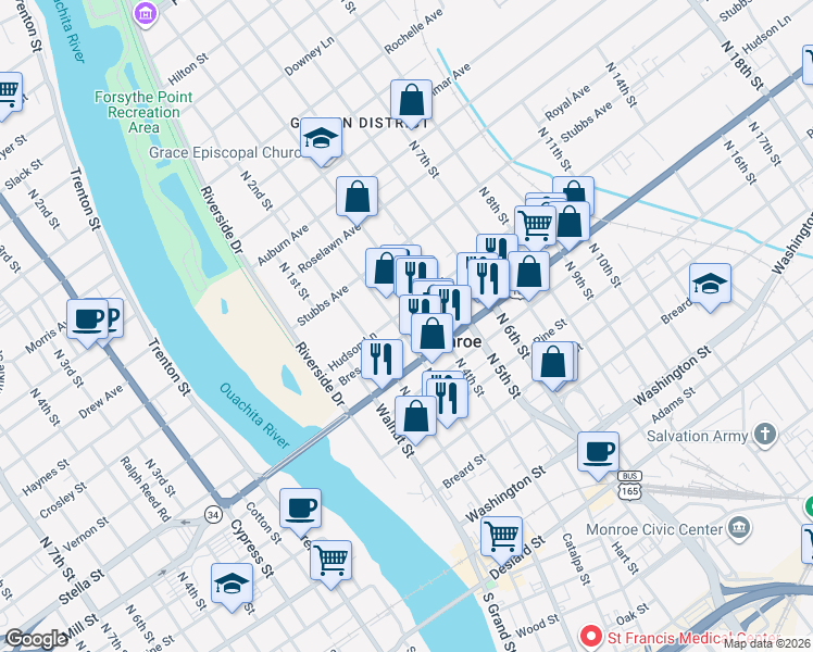 map of restaurants, bars, coffee shops, grocery stores, and more near 300-308 Bres Ave in Monroe